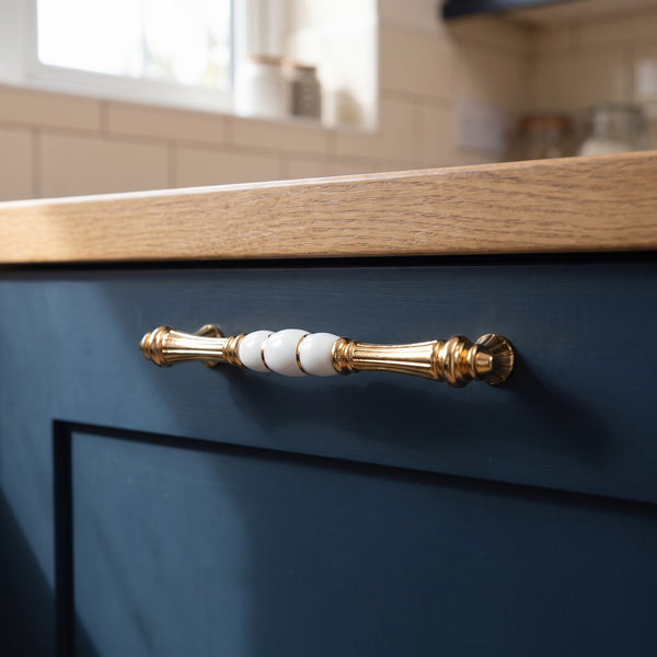 Equinox Rimline Bar Handle in Goldline, 160mm, fitted on a kitchen drawer