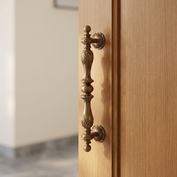 Dragos Solid Brass Pull Handle in Antique, 24-inch, fitted on a main door