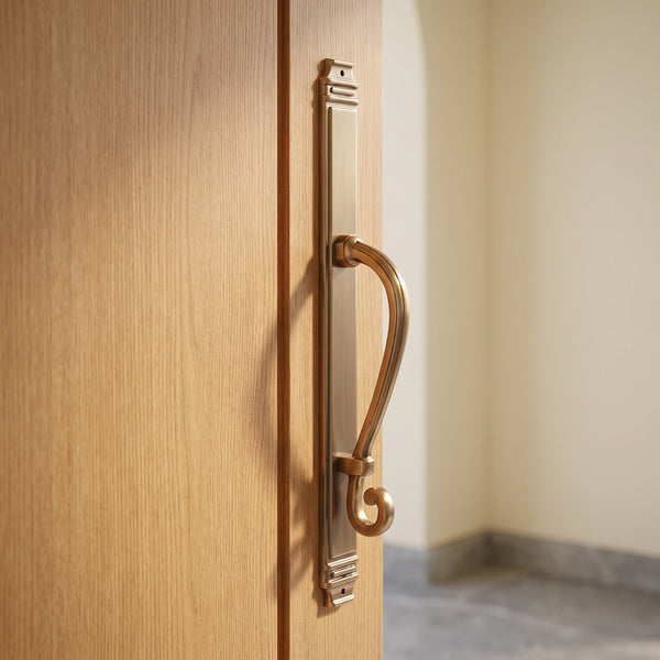 Tokyo Scroll Solid Brass Pull Handle in Antique, 20-inch, fitted on a main door