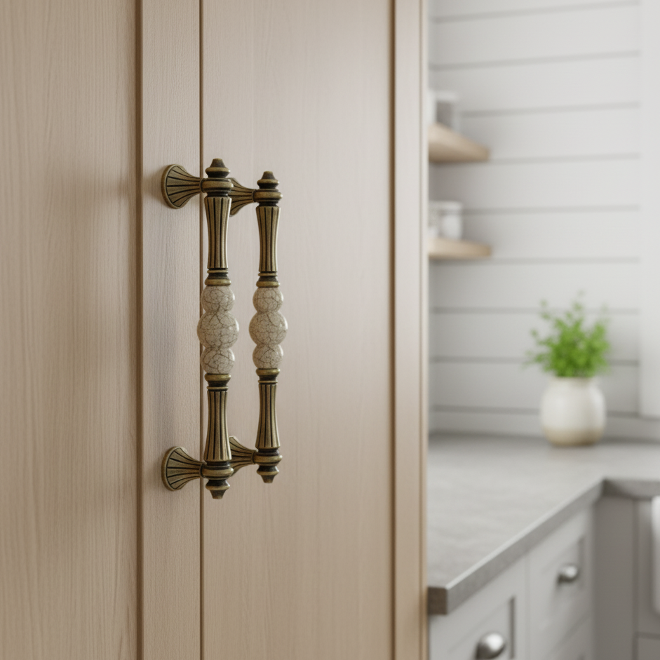 Close-up of a wooden cabinet with decorative ceramic handle in a kitchen setting.