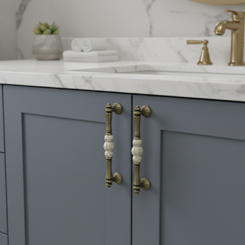 Bathroom vanity with blue cabinets, gold handles, and marble countertop.