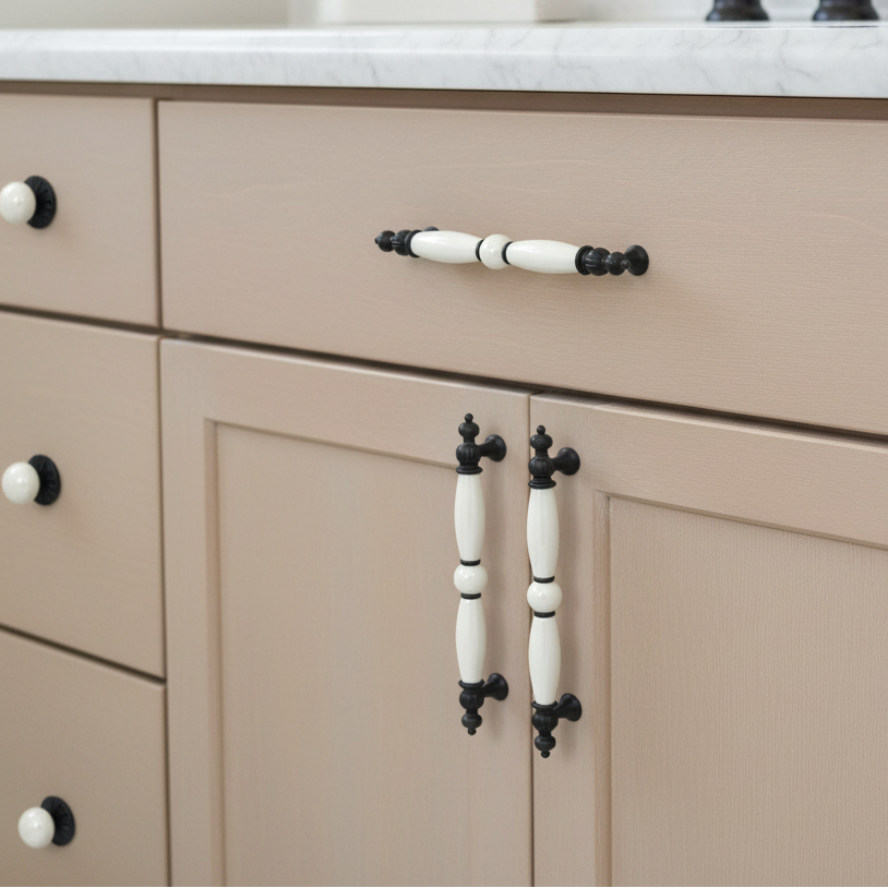 Beige bathroom vanity with black and white handles