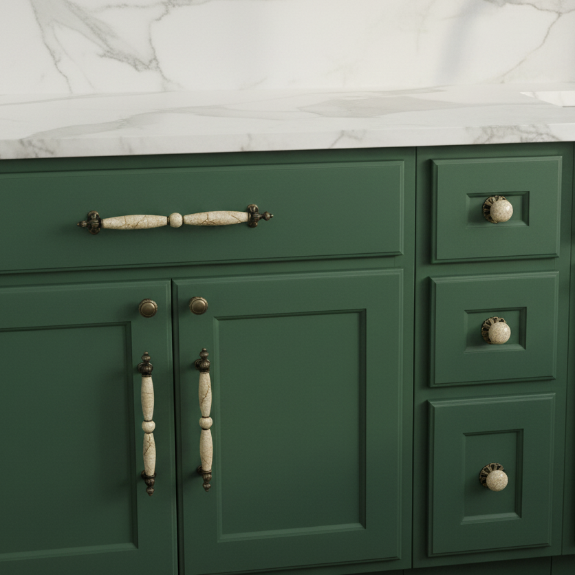 Green cabinets with ceramic knobs and handles