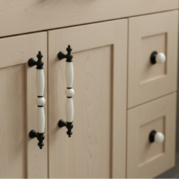 Beige bathroom vanity with black and white handles