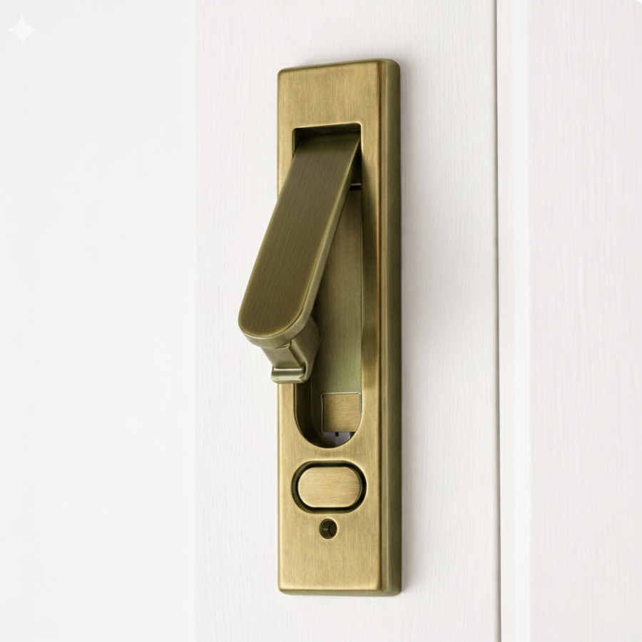 Concealed Button Handle in Antique Brass