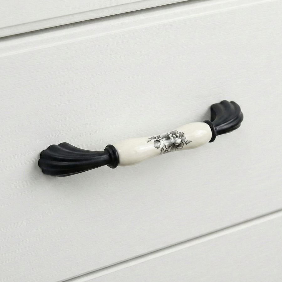 Lumiere Floral Painted Bar Handle in Black – ceramic drawer handle
