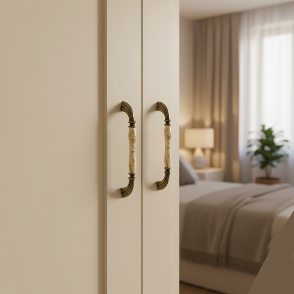 Beige wardrobe with decorative handles in a bedroom setting