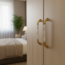 Close-up of a wardrobe with gold handles in a bedroom setting