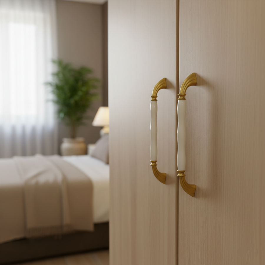 Close-up of a wardrobe with gold handles in a bedroom setting