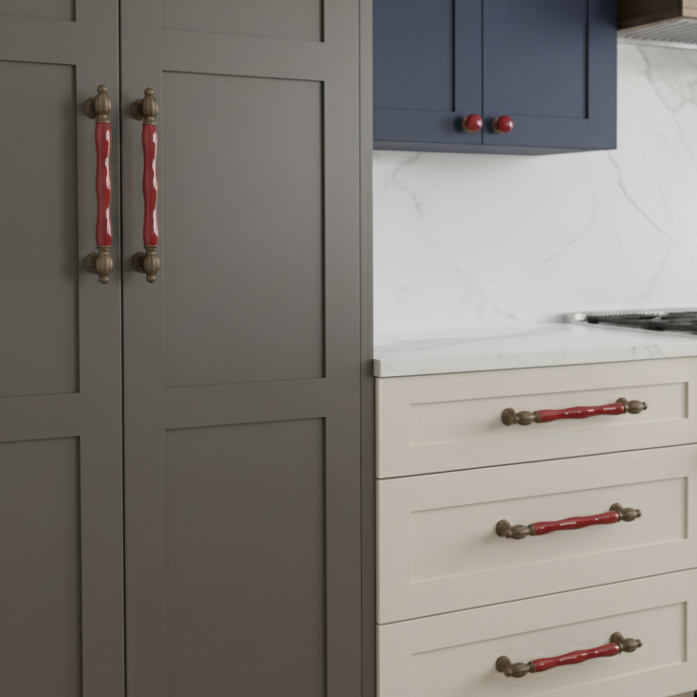Kitchen cabinet with red ceramic handles. 