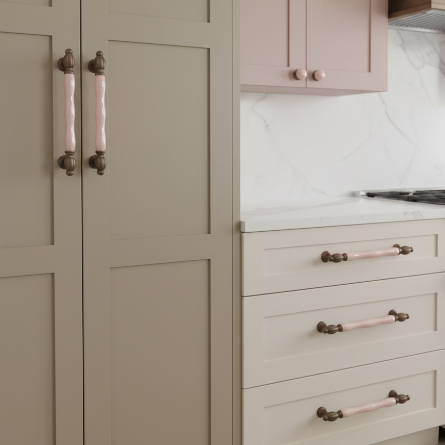 Pink cabinet handles in kitchen. 