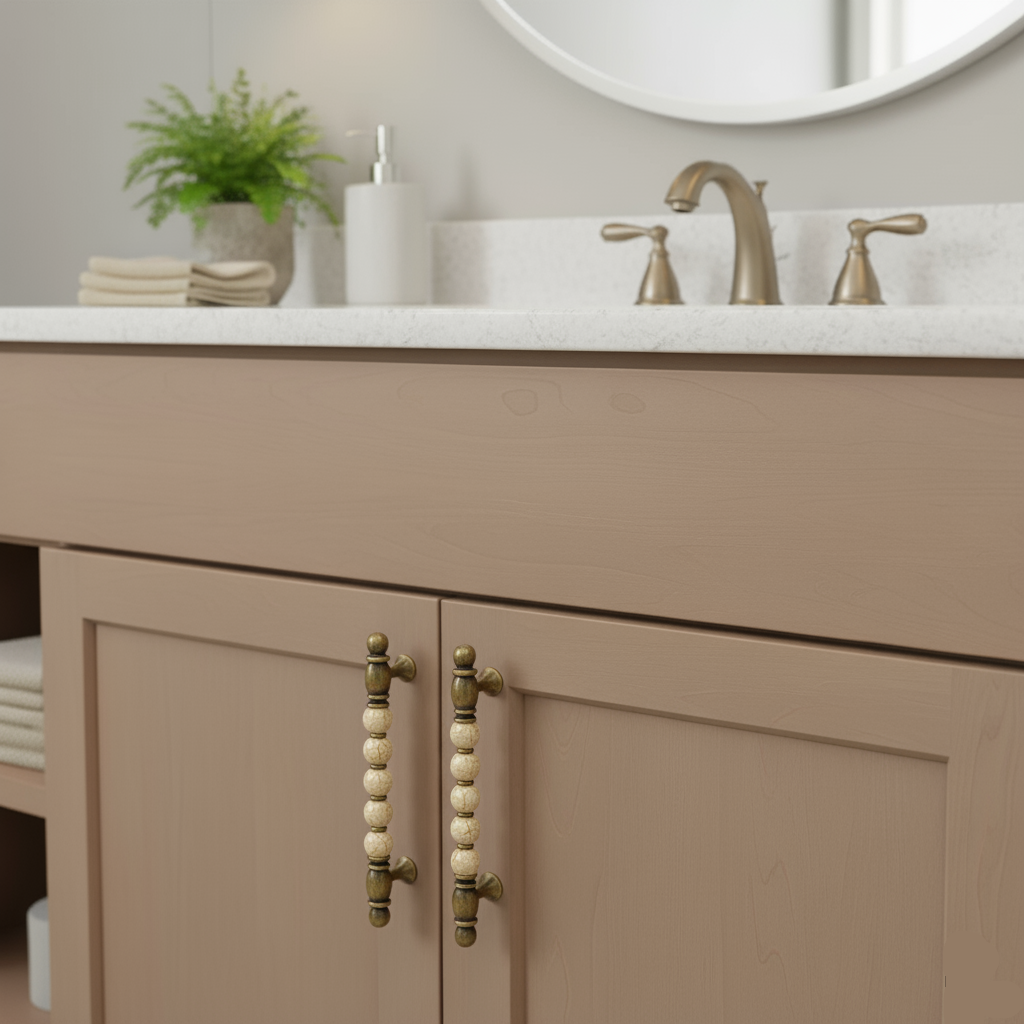 Bathroom vanity with beige cabinets, white countertop, and brass fixtures.