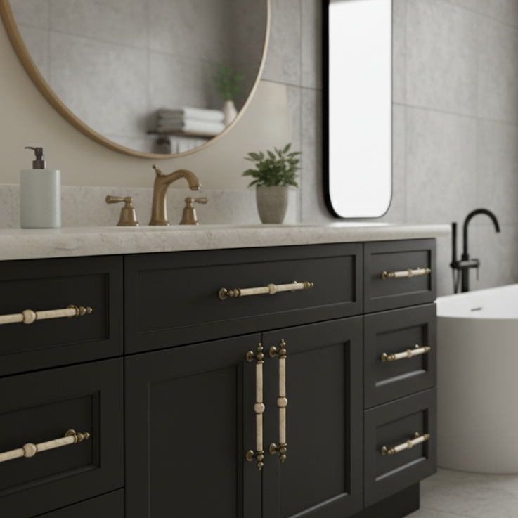 Ceramic handles on bathroom cabinets. 