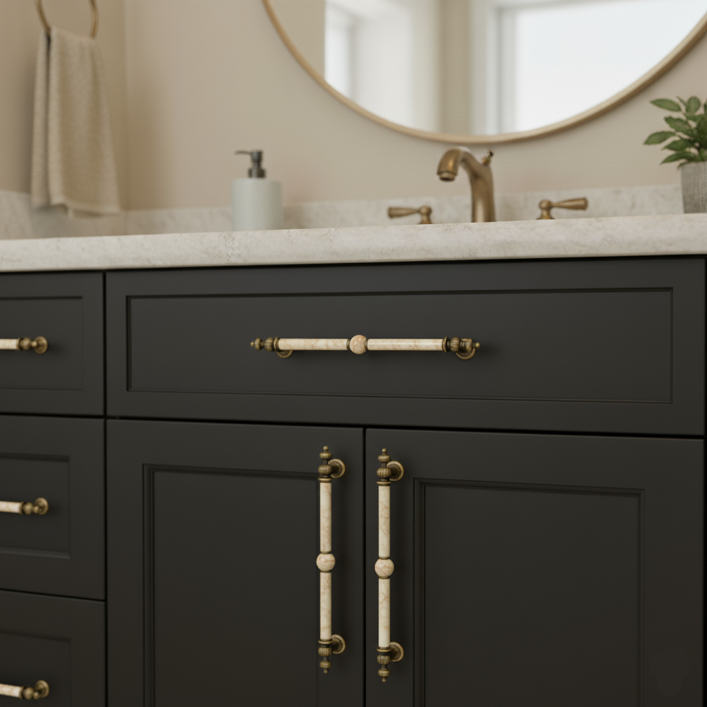 Ceramic handles on bathroom cabinets. 