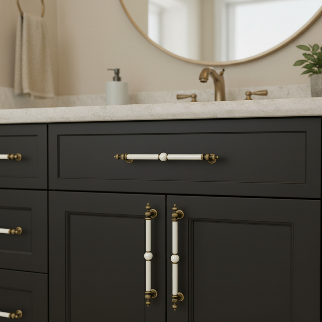 Bathroom vanity with dark cabinets, white ceramic handles. 