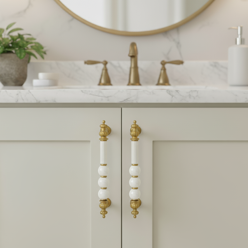 Bathroom vanity with marble countertop, gold faucet, and decorative handles.