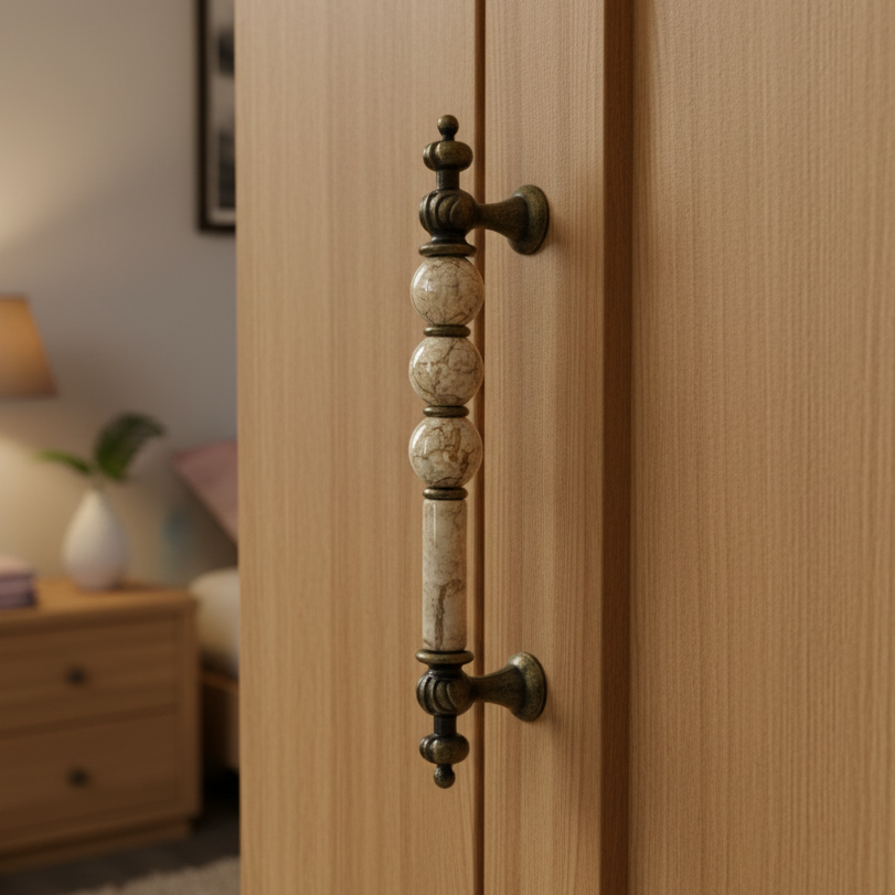 Wooden wardrobe door with decorative handle in a softly lit room.