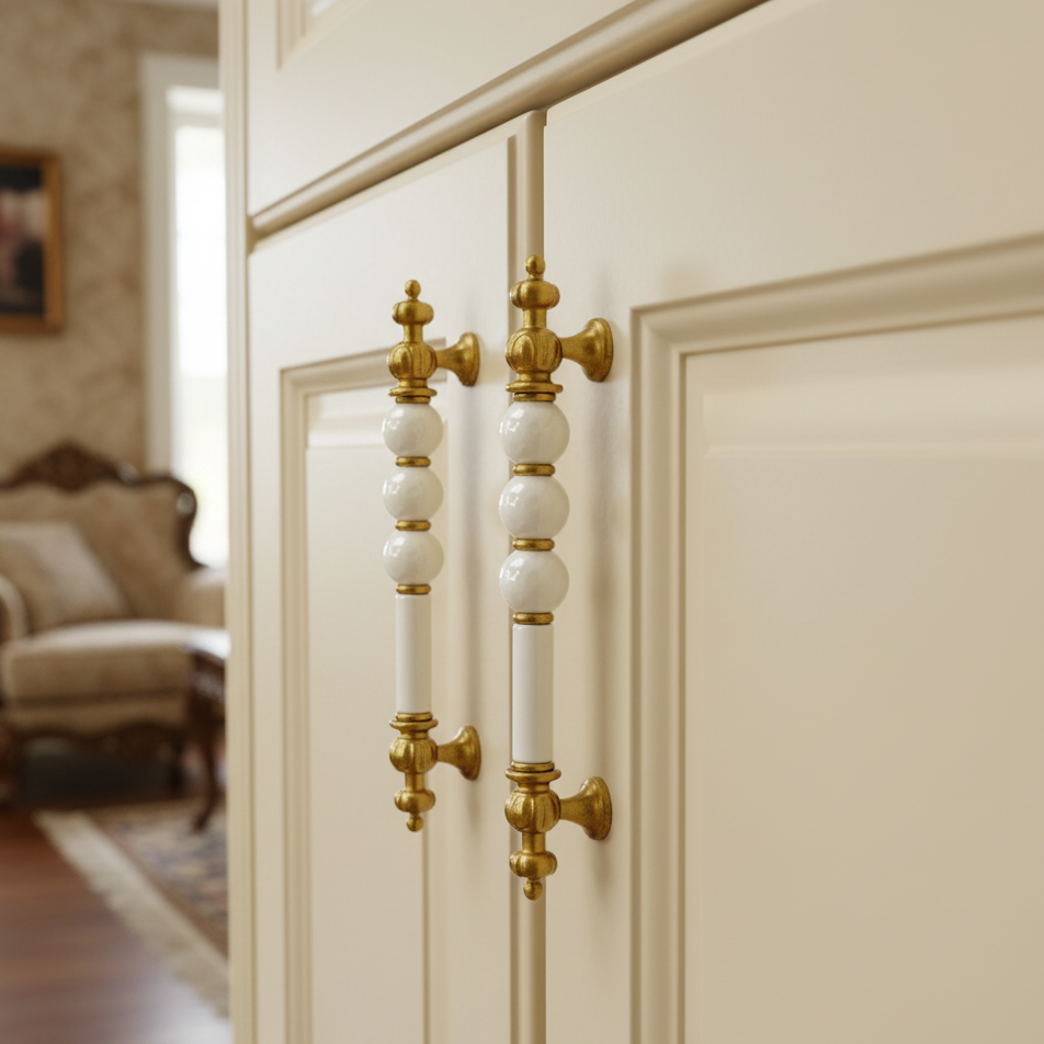 Close-up of a door with ceramic handles, with a blurred background of a room.