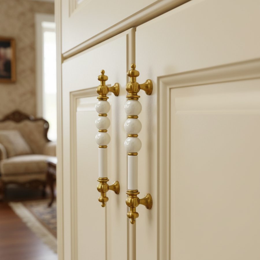 Close-up of a door with ceramic handles, with a blurred background of a room.