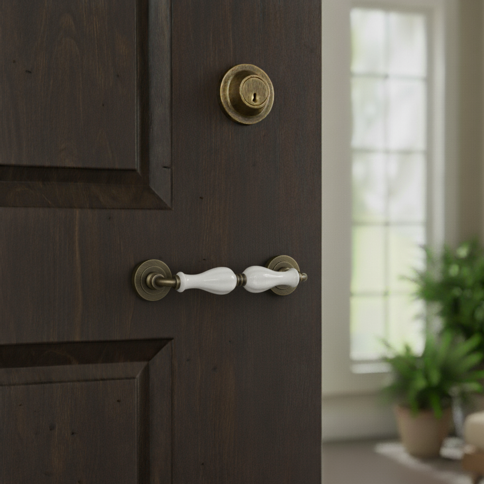 Dark wooden door with brass doorknob and ceramic pull handle.