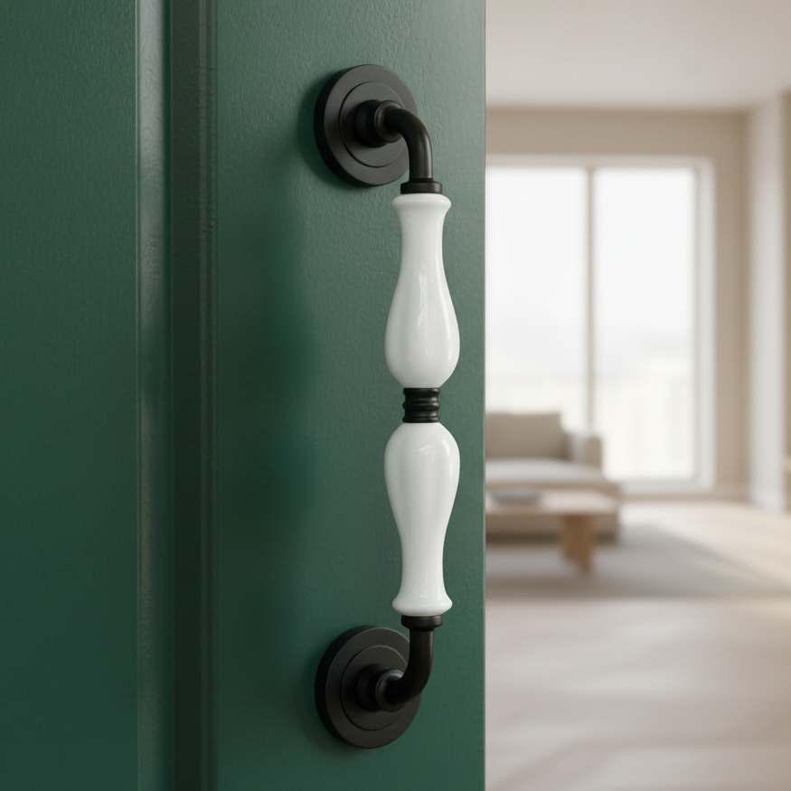 Green door with white handle and black hardware, blurred hallway in the background