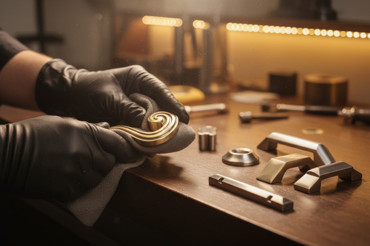 A close-up of hands polishing premium metal hardware, such as door handles or cabinet pulls, with soft background light giving a professional yet warm vibe