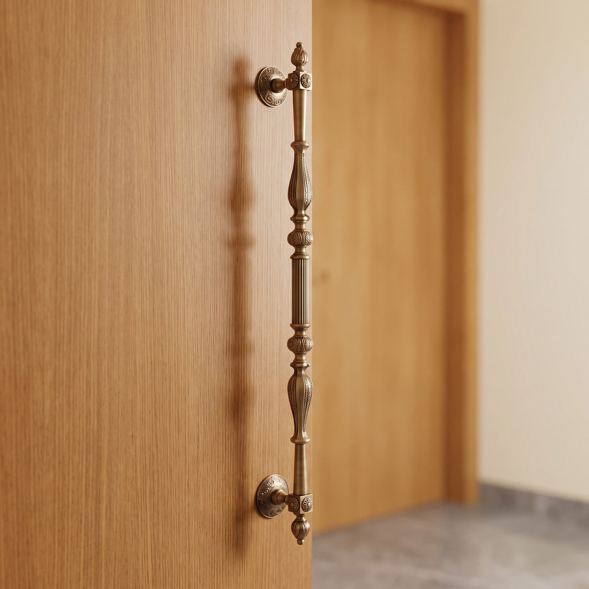 Altona Full-Height Solid Brass Pull Handle in Antique, 42-inch, fitted on a main door