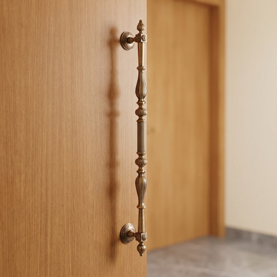 Altona Full-Height Solid Brass Pull Handle in Antique, 42-inch, fitted on a main door
