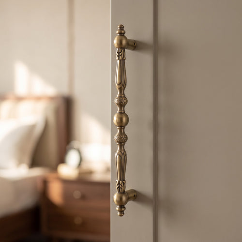 Artemis Solid Brass Pull Handle in Antique, 18-inch, fitted on a wardrobe door