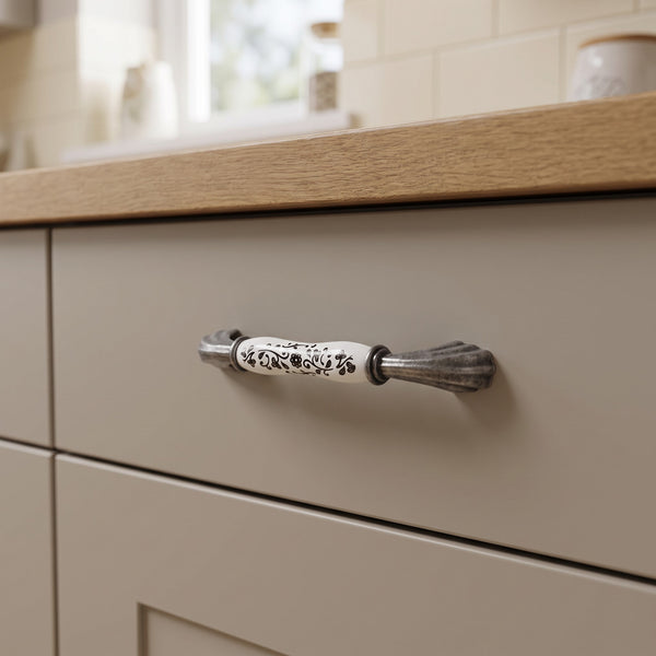 Lumiere Floral Painted Bar Handle in Silver, 160mm, fitted on a kitchen drawer