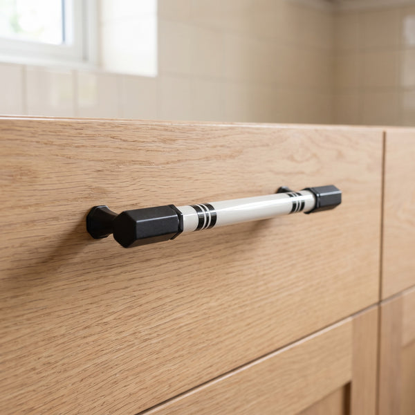 Orbis Globe Bar Handle in Black, 192mm, fitted on a kitchen drawer