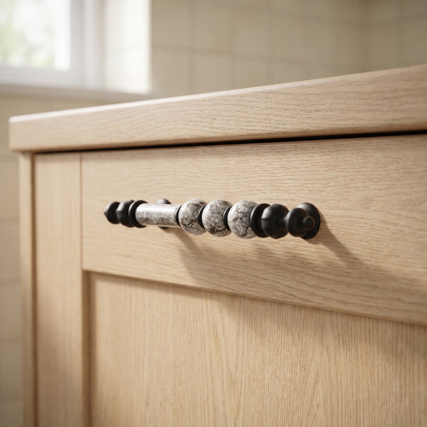 Venezia Bead Bar Handle in BLACK PEARL, 128mm, fitted on a kitchen drawer