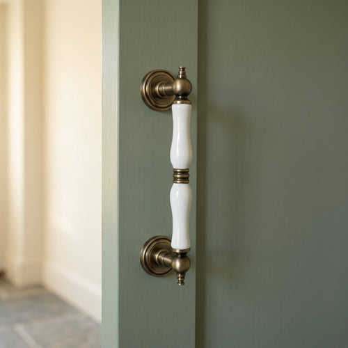 Ardenza Ceramic Door Pull Handle in Mab+White Ceramic, fitted on a door
