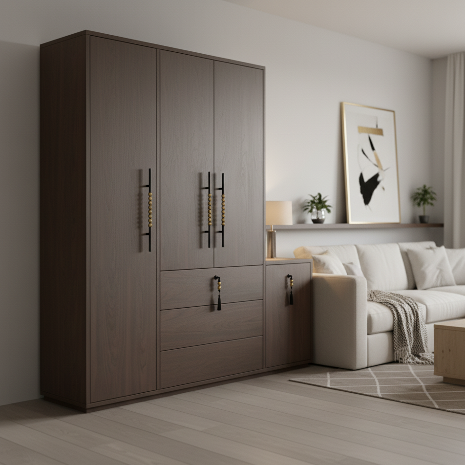 Ceramic handles on dark wooden wardrobe in living room setting