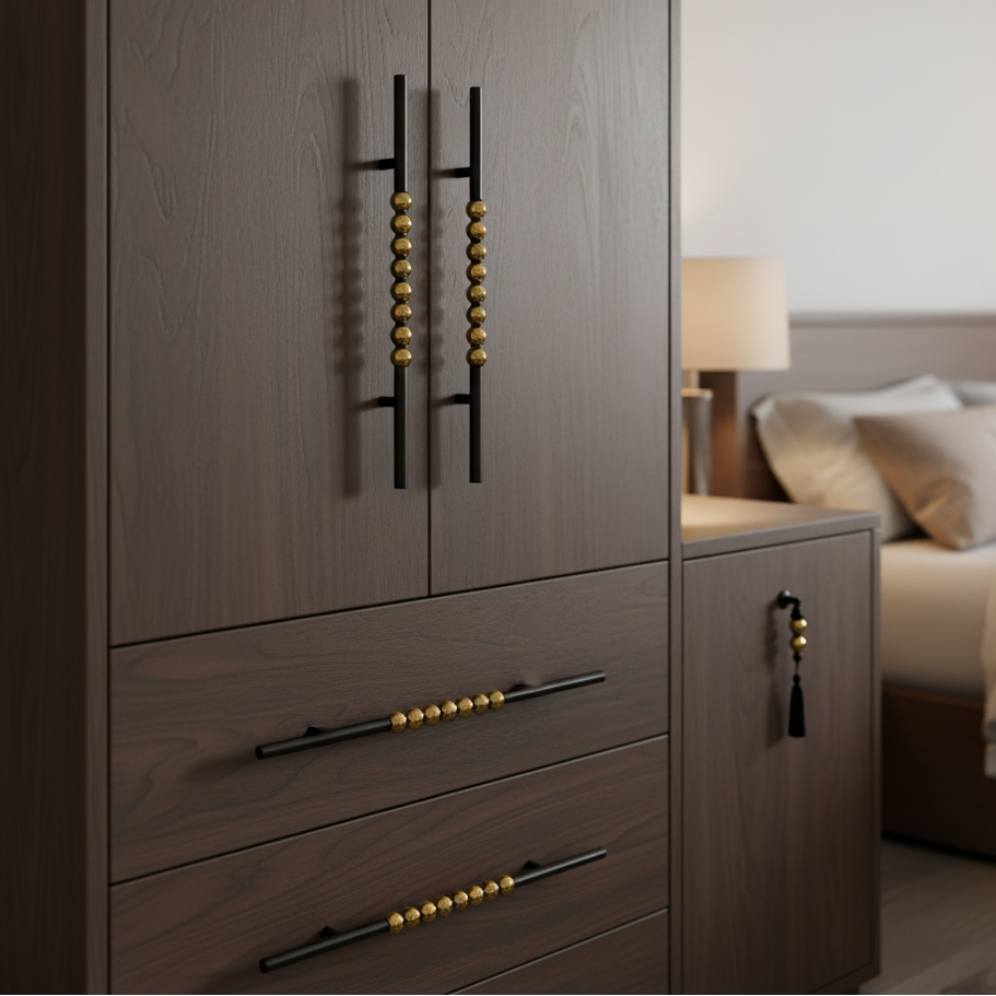 Wooden wardrobe with decorative handles in a bedroom setting