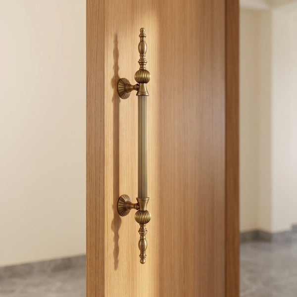 Cilo Reeded Solid Brass Pull Handle in Antique, 24-inch, fitted on a main door