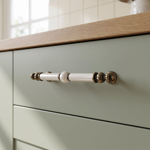 Marchesa Bead Lolak Handle in Pearl, 160mm, fitted on a kitchen drawer