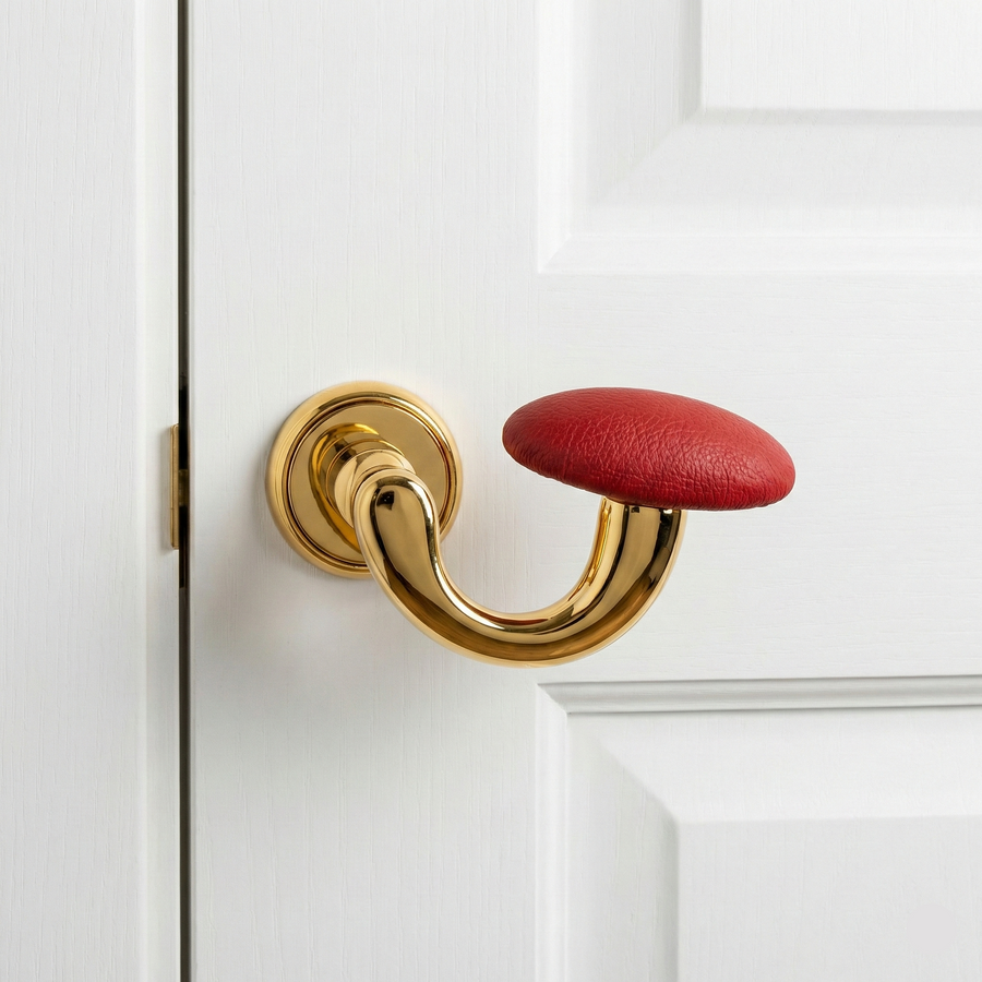 Magnifica Leather Full-Lock Mortise Set in Gold + Red + PVD – brass mortise door handle