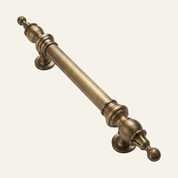 Imperial solid brass pull handle, tapered bar turned at the shoulders