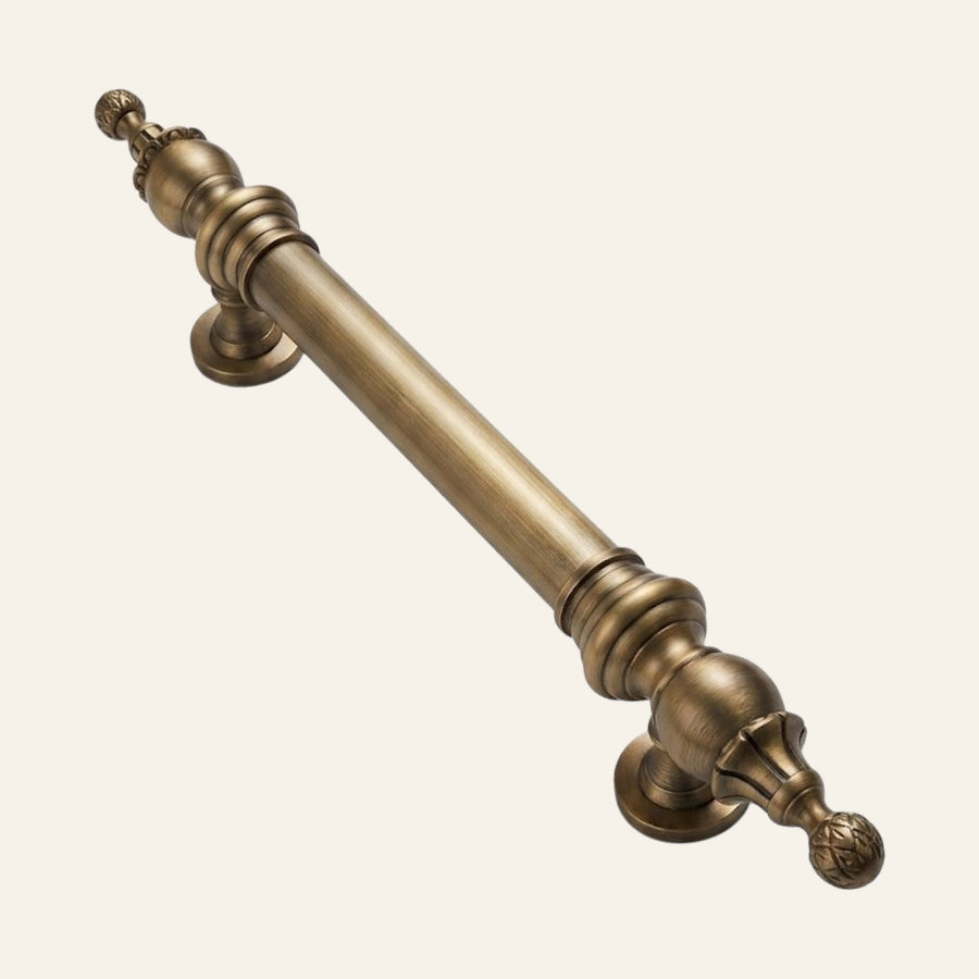 Imperial solid brass pull handle, tapered bar turned at the shoulders