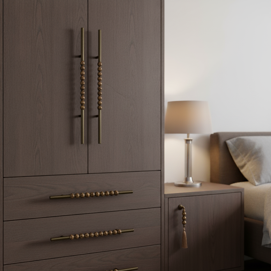Wooden wardrobe with ceramic handles in a bedroom setting