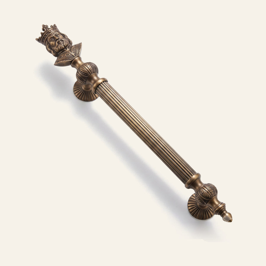 Odysseus solid brass pull handle with crowned king finial, antique finish
