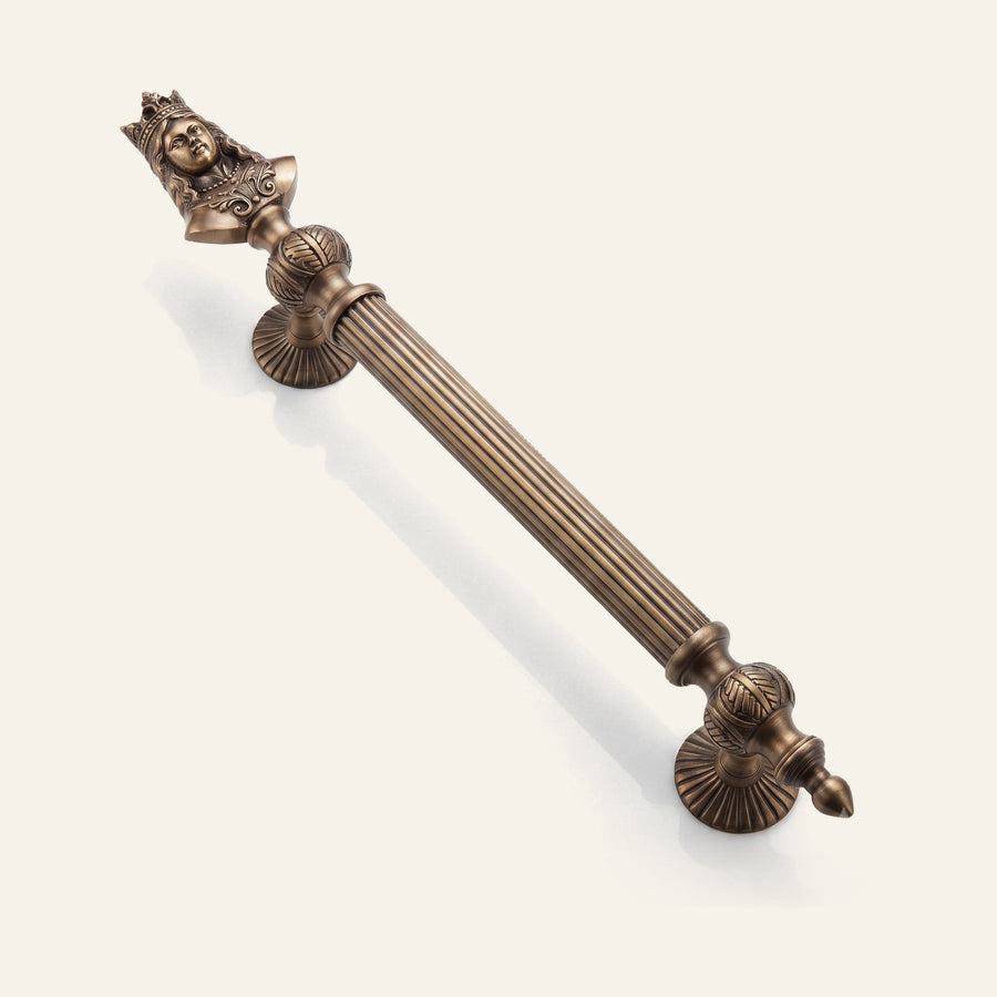 Penelope solid brass pull handle with crowned queen finial, antique finish