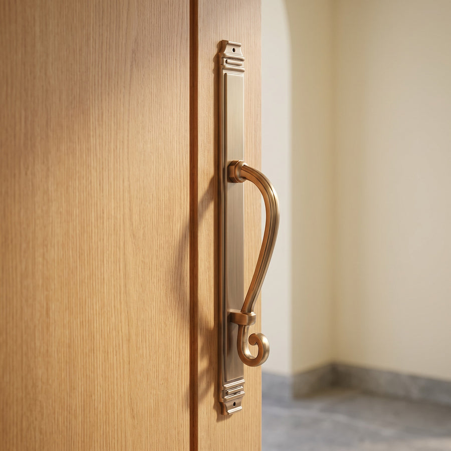 Tokyo Scroll Solid Brass Pull Handle in Antique, 20-inch, fitted on a main door