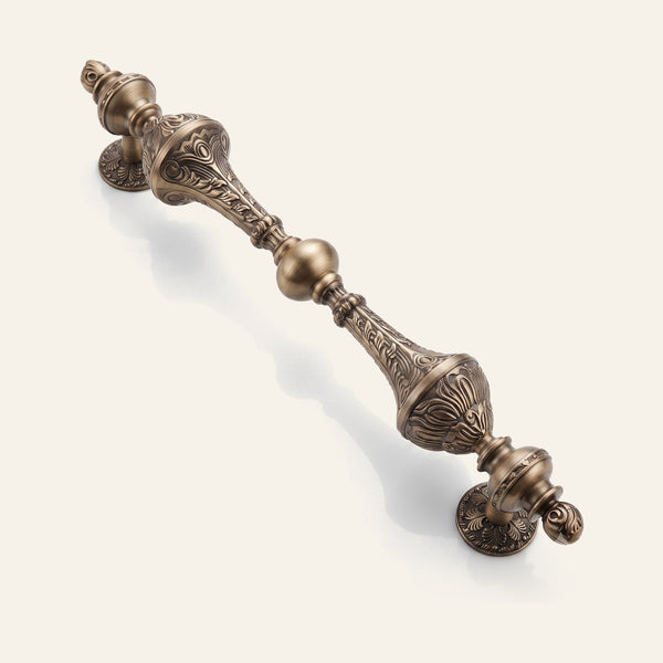Zeus solid brass pull handle with acanthus urns and polished sphere, antique finish